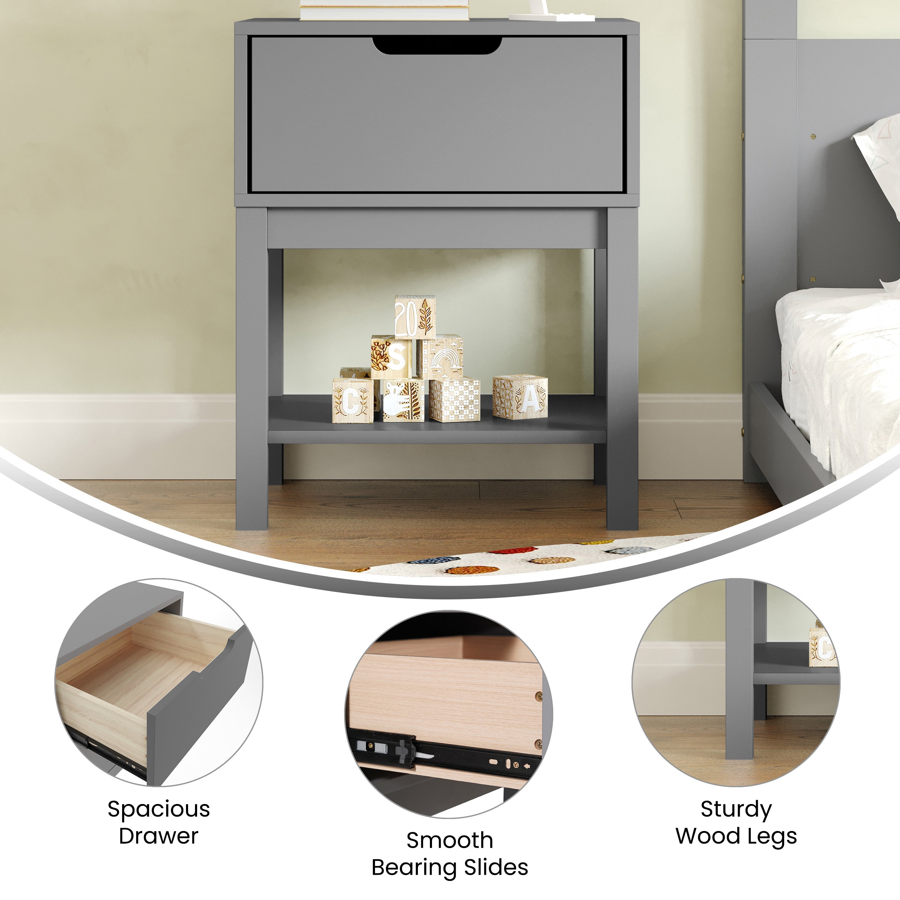 Dallas Wooden Night Stand, Bedroom Side Table with Storage Drawer and Shelf for Kids