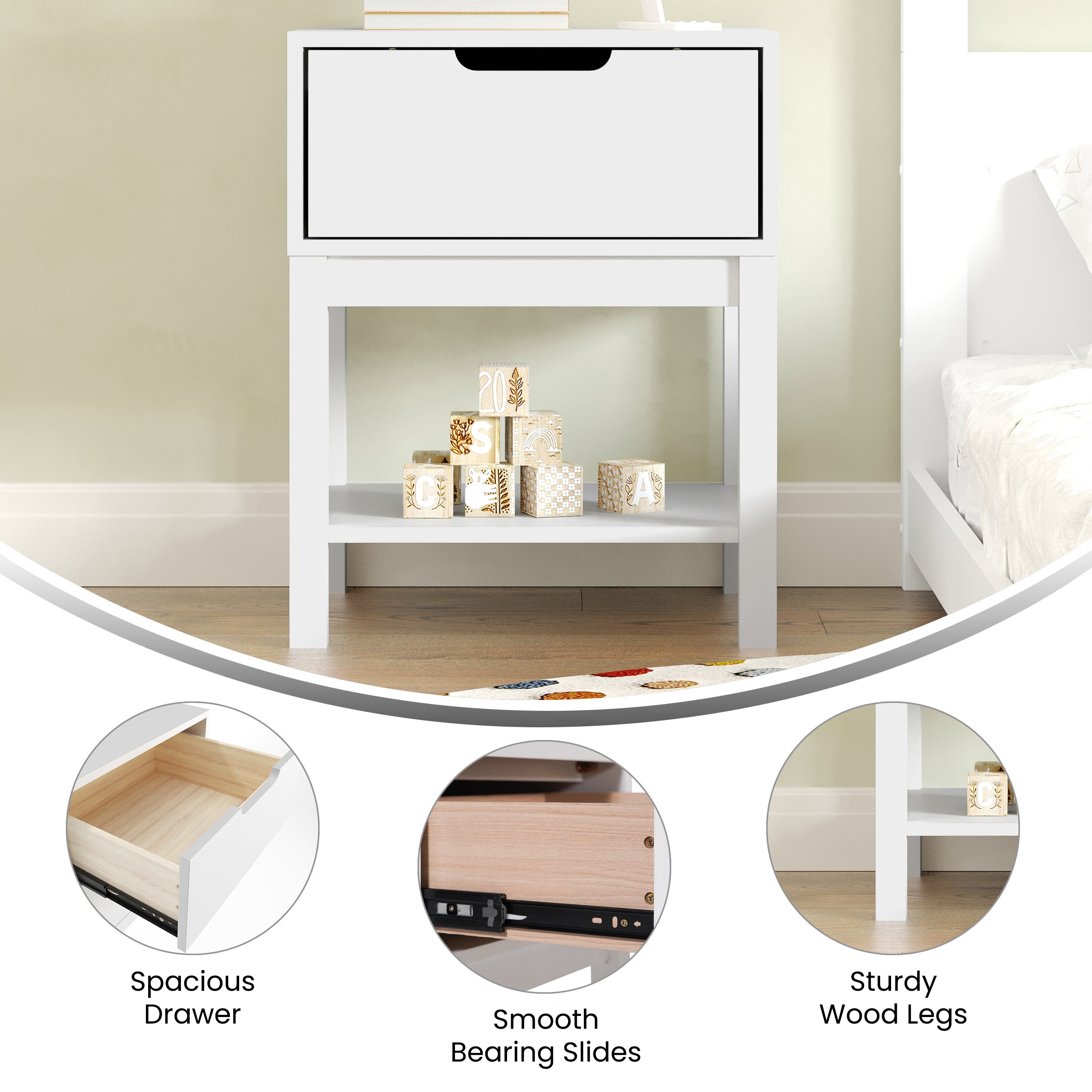 Dallas Wooden Night Stand, Bedroom Side Table with Storage Drawer and Shelf for Kids
