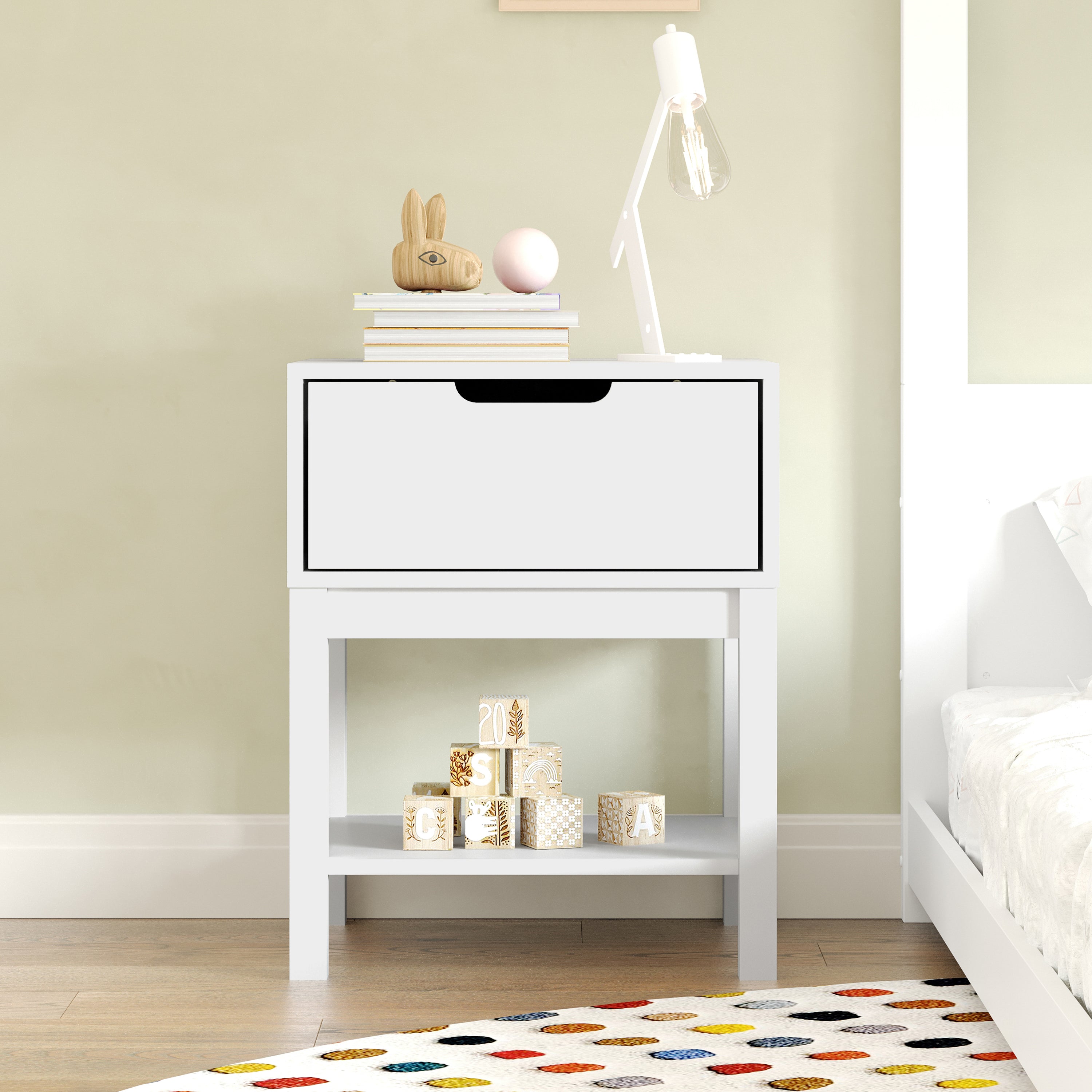 Dallas Wooden Night Stand, Bedroom Side Table with Storage Drawer and Shelf for Kids