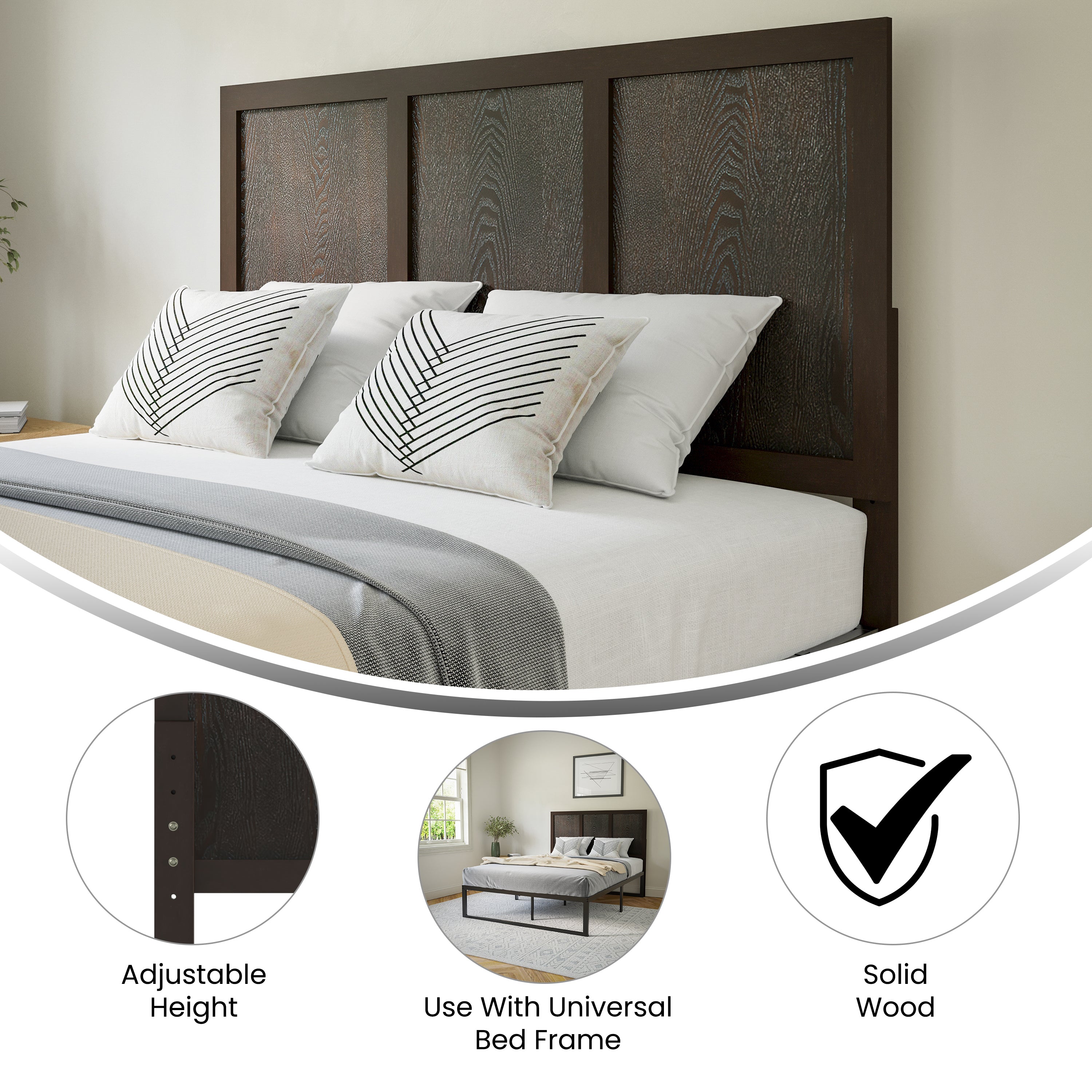 Oliver Paneled Wooden Adjustable Headboard for Universal Metal Bed Frames