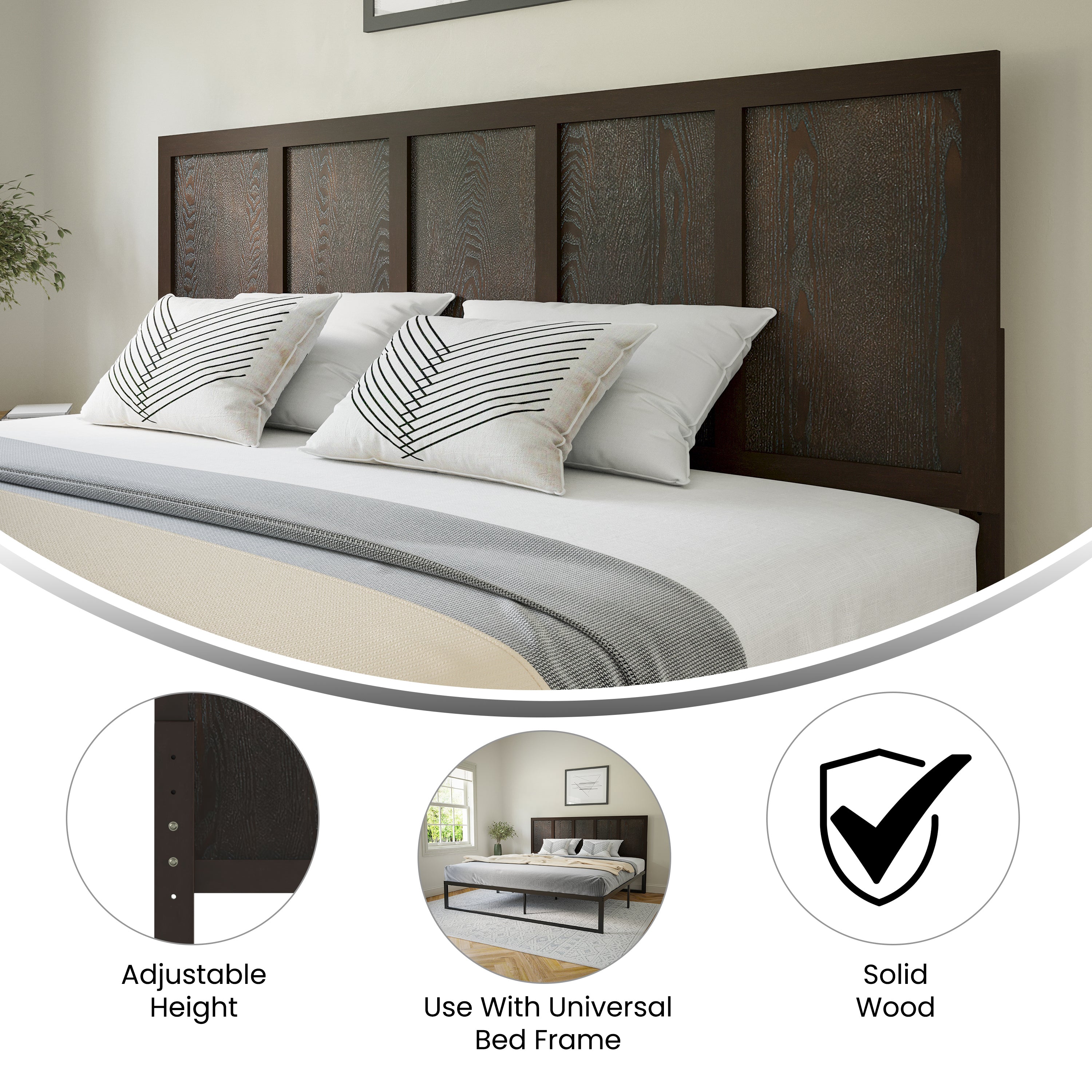 Oliver Paneled Wooden Adjustable Headboard for Universal Metal Bed Frames