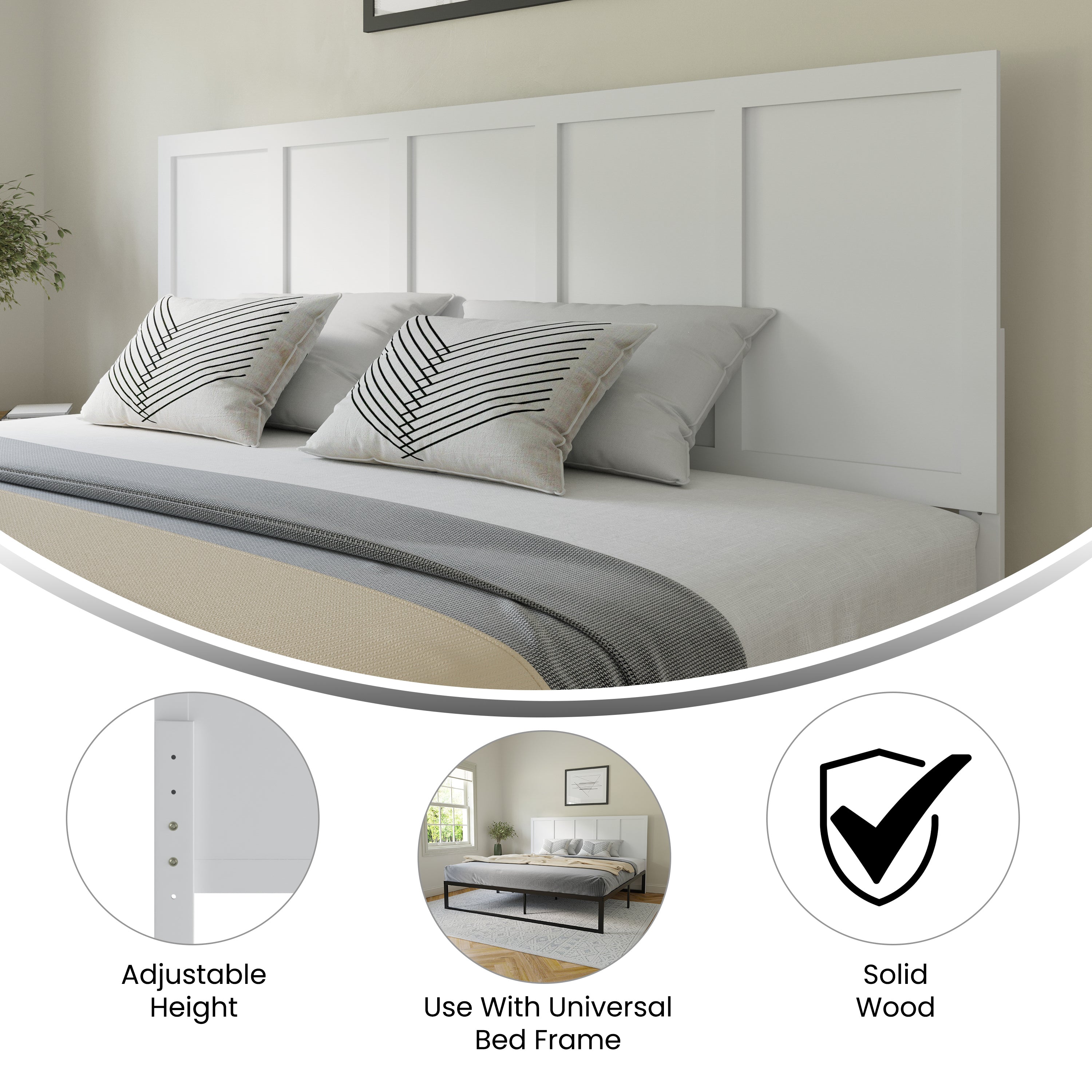 Oliver Paneled Wooden Adjustable Headboard for Universal Metal Bed Frames