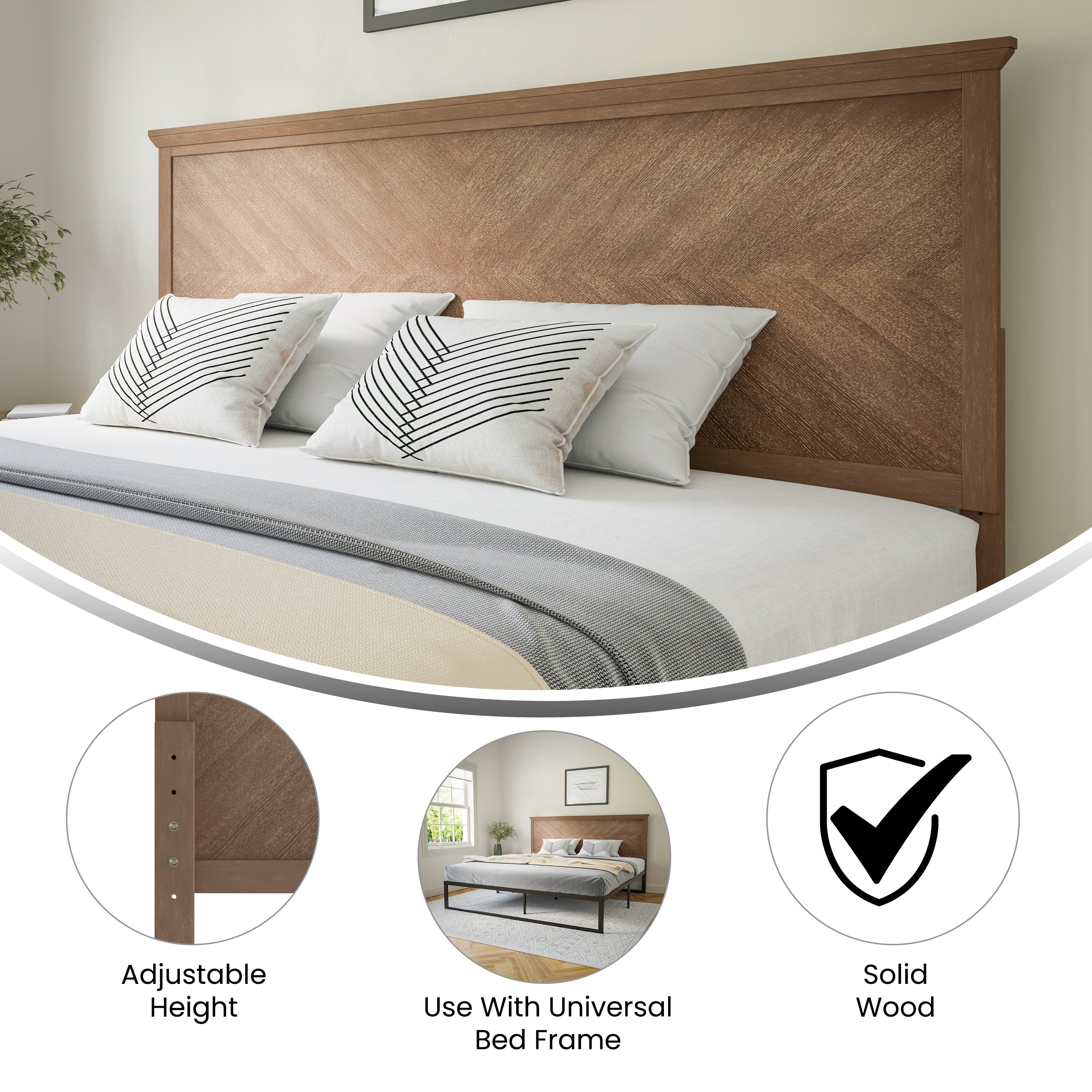Fiona Herring Bone Wooden Adjustable Headboard for Universal Metal Bed Frames