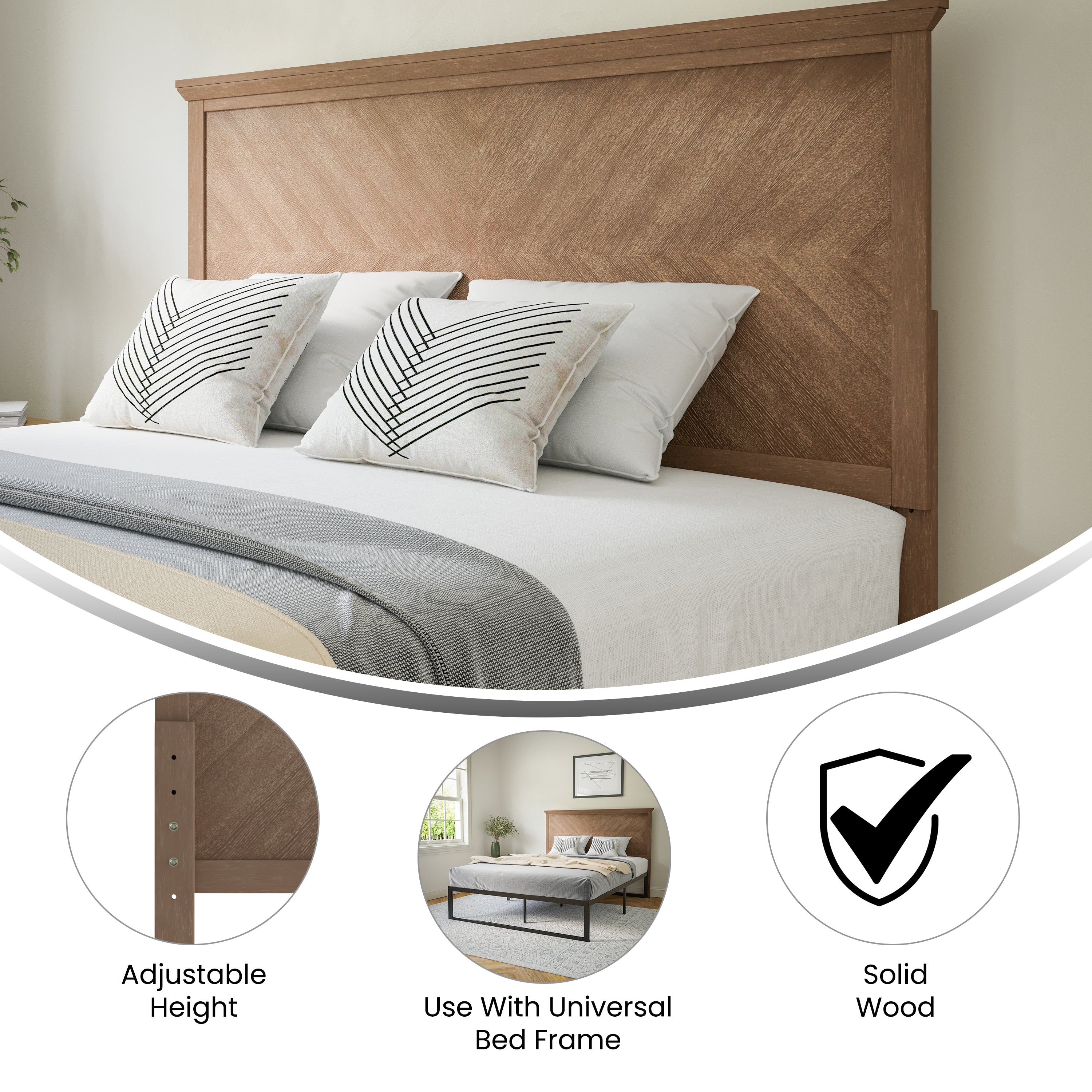 Fiona Herring Bone Wooden Adjustable Headboard for Universal Metal Bed Frames