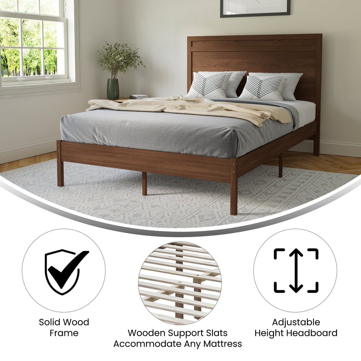 Kingston Solid Wood Platform Bed with Wooden Slats and Headboard, No Box Spring Needed