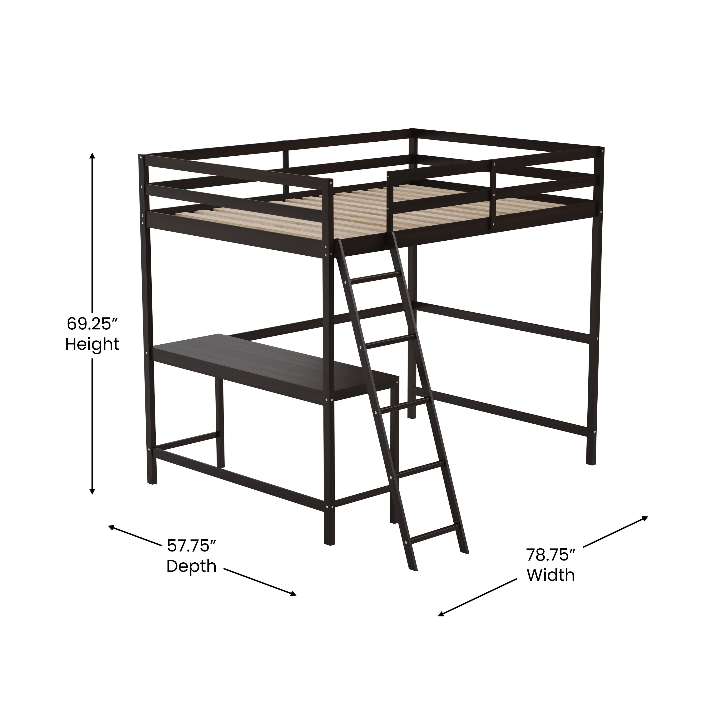 Riley Loft Bed Frame with Desk, Wooden Bed Frame with Protective Guard Rails & Ladder for Kids and Teens-Loft Bed-Flash Furniture-Wall2Wall Furnishings