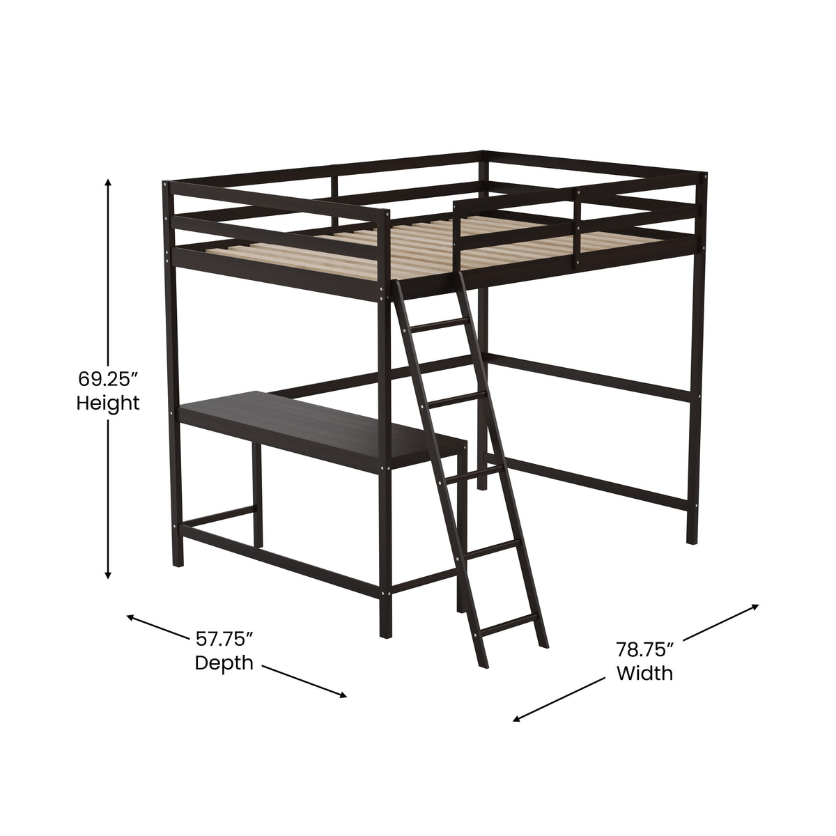 Riley Loft Bed Frame with Desk, Wooden Bed Frame with Protective Guard Rails & Ladder for Kids and Teens