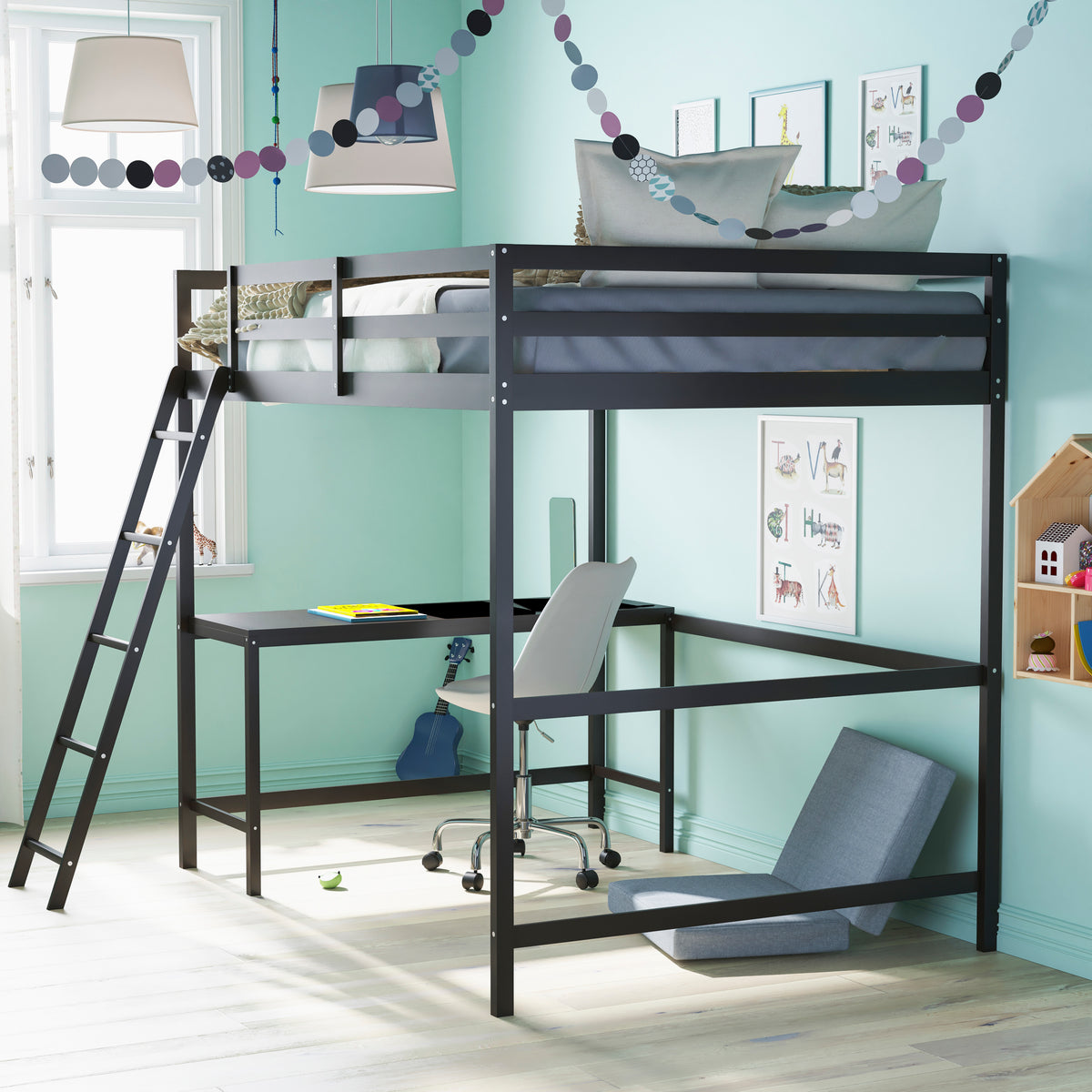 Riley Loft Bed Frame with Desk, Wooden Bed Frame with Protective Guard Rails & Ladder for Kids and Teens