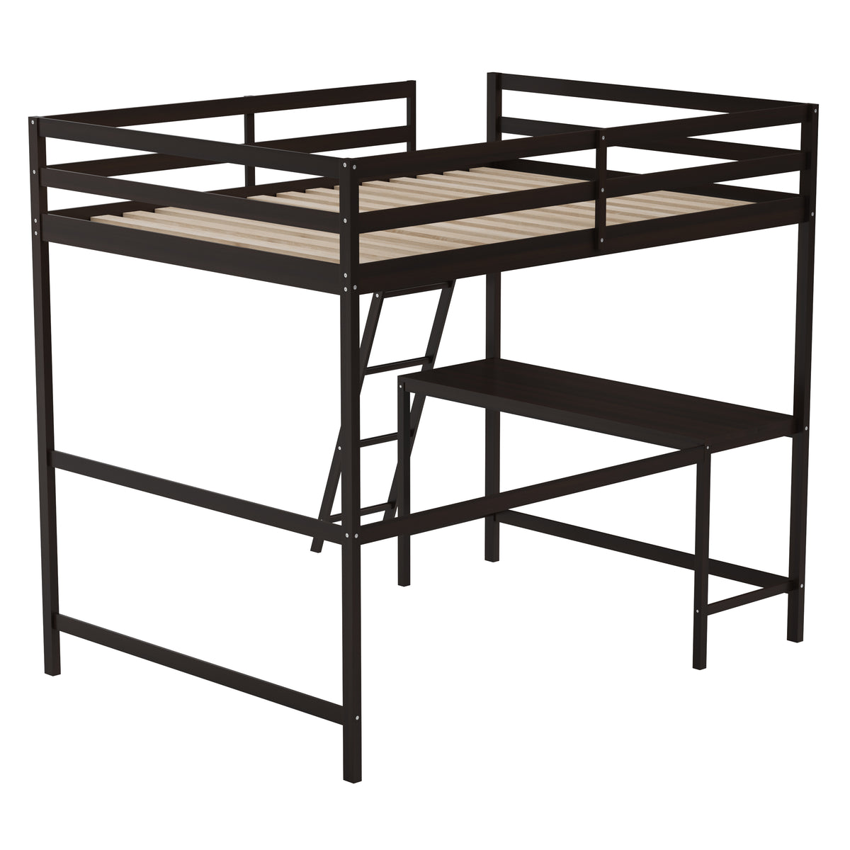 Riley Loft Bed Frame with Desk, Wooden Bed Frame with Protective Guard Rails & Ladder for Kids and Teens