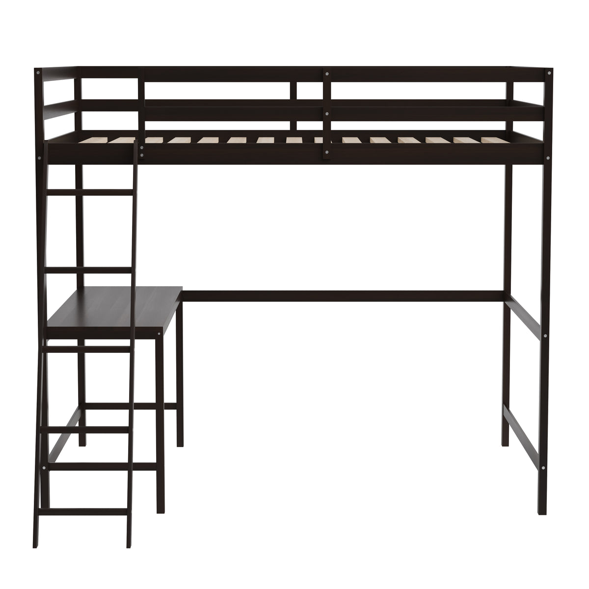 Riley Loft Bed Frame with Desk, Wooden Bed Frame with Protective Guard Rails & Ladder for Kids and Teens