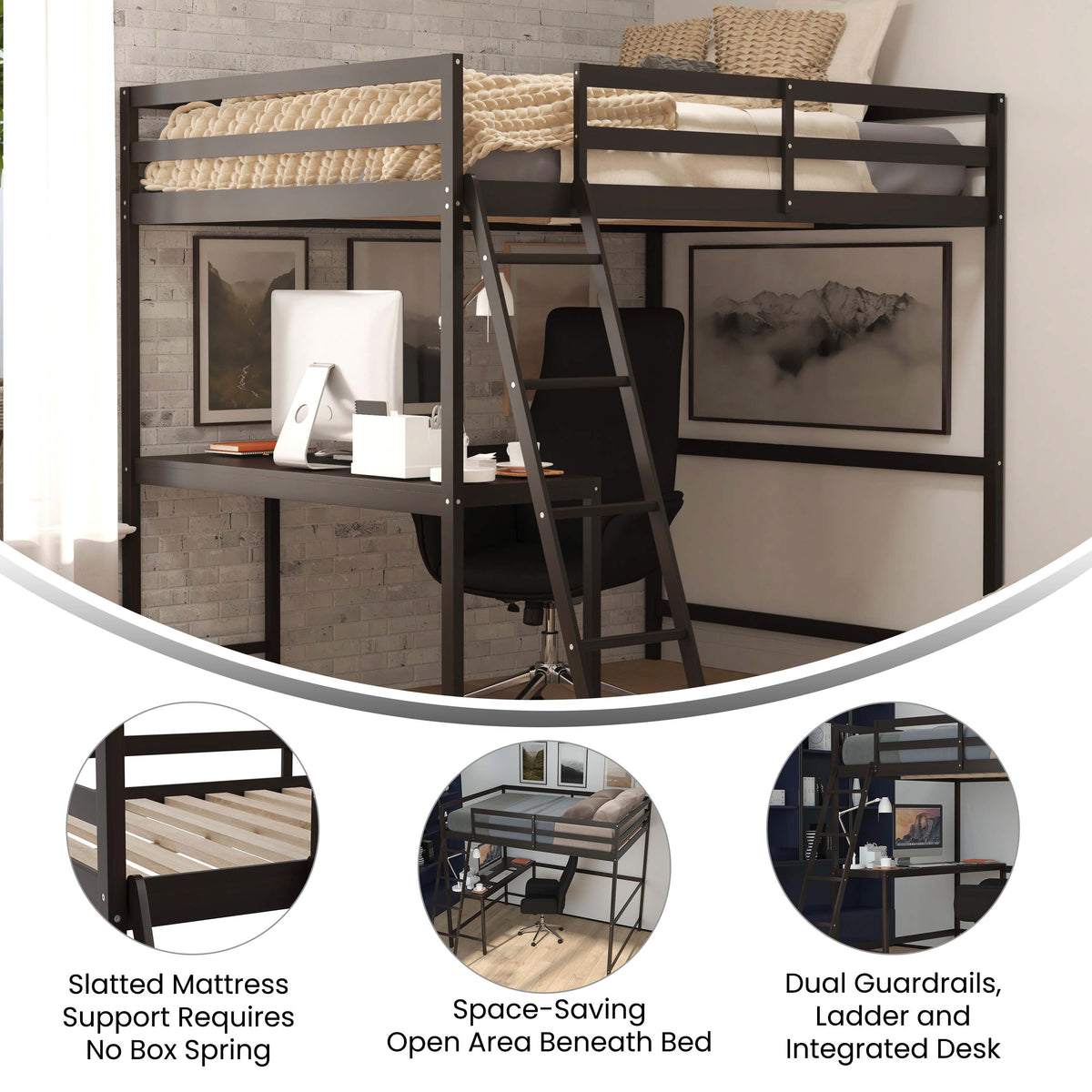 Riley Loft Bed Frame with Desk, Wooden Bed Frame with Protective Guard Rails & Ladder for Kids and Teens