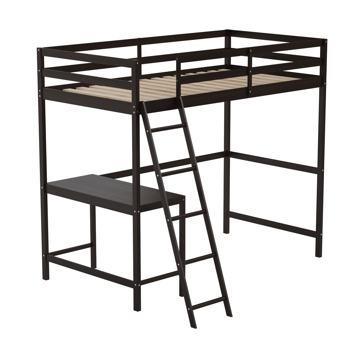 Riley Loft Bed Frame with Desk, Wooden Bed Frame with Protective Guard Rails & Ladder for Kids and Teens