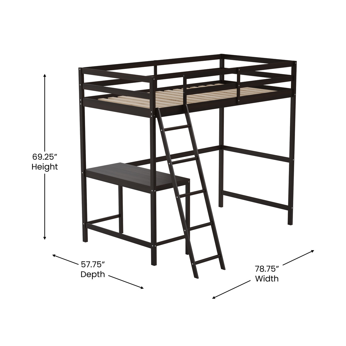 Riley Loft Bed Frame with Desk, Wooden Bed Frame with Protective Guard Rails & Ladder for Kids and Teens