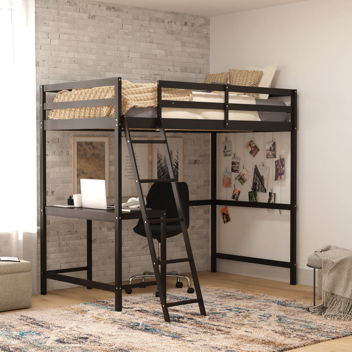 Riley Loft Bed Frame with Desk, Wooden Bed Frame with Protective Guard Rails & Ladder for Kids and Teens