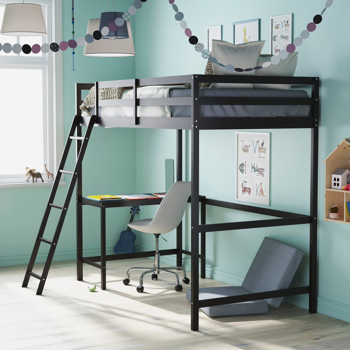 Riley Loft Bed Frame with Desk, Wooden Bed Frame with Protective Guard Rails & Ladder for Kids and Teens