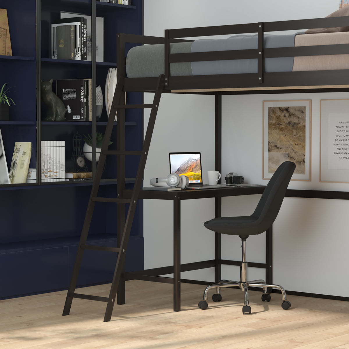 Riley Loft Bed Frame with Desk, Wooden Bed Frame with Protective Guard Rails & Ladder for Kids and Teens