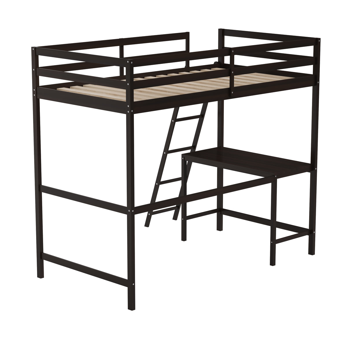 Riley Loft Bed Frame with Desk, Wooden Bed Frame with Protective Guard Rails & Ladder for Kids and Teens