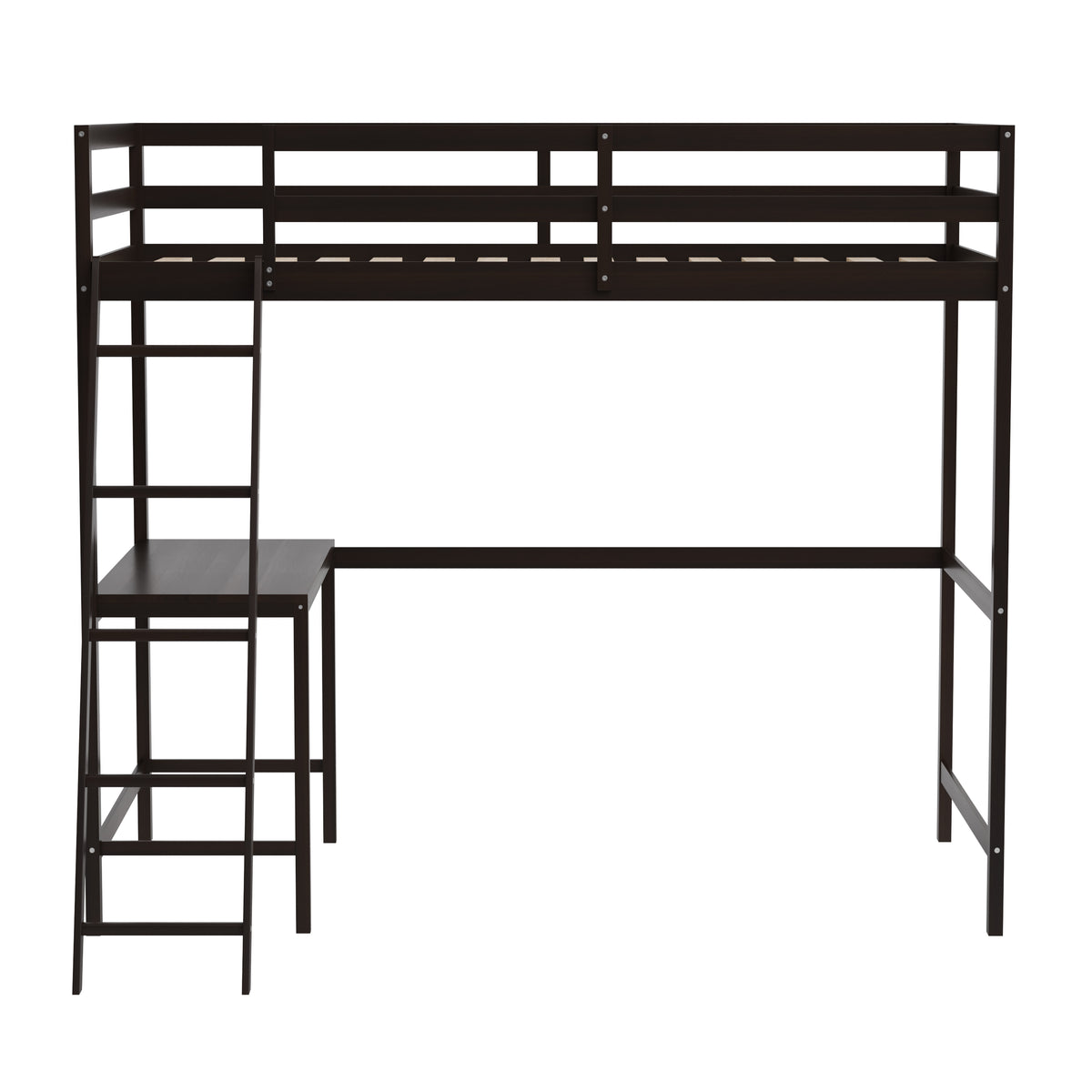 Riley Loft Bed Frame with Desk, Wooden Bed Frame with Protective Guard Rails & Ladder for Kids and Teens