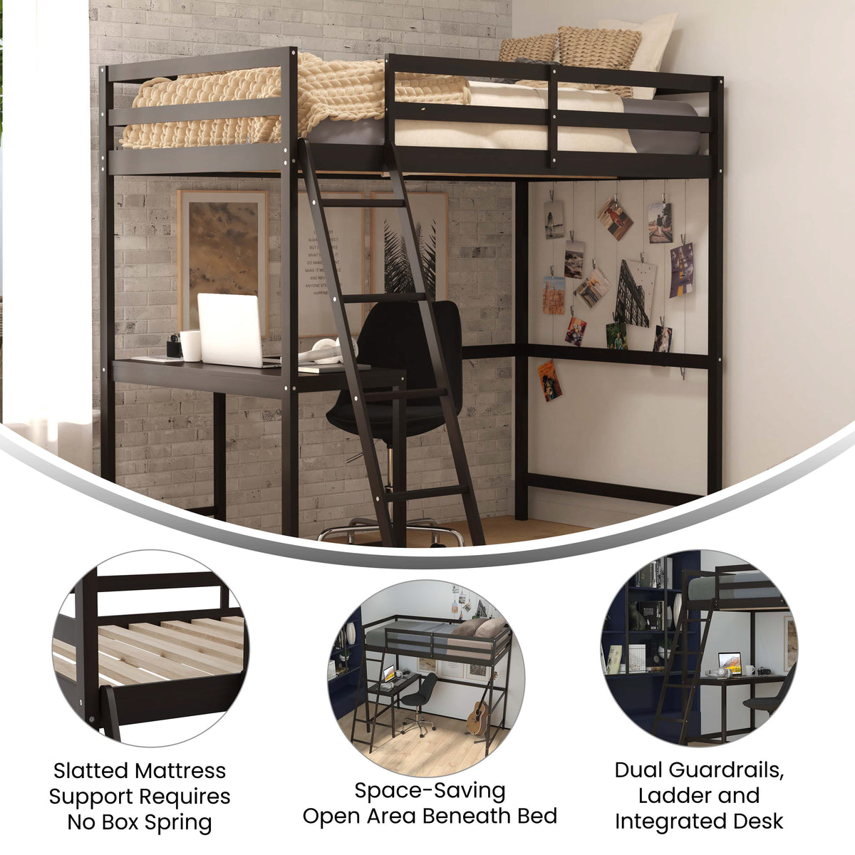 Riley Loft Bed Frame with Desk, Wooden Bed Frame with Protective Guard Rails & Ladder for Kids and Teens