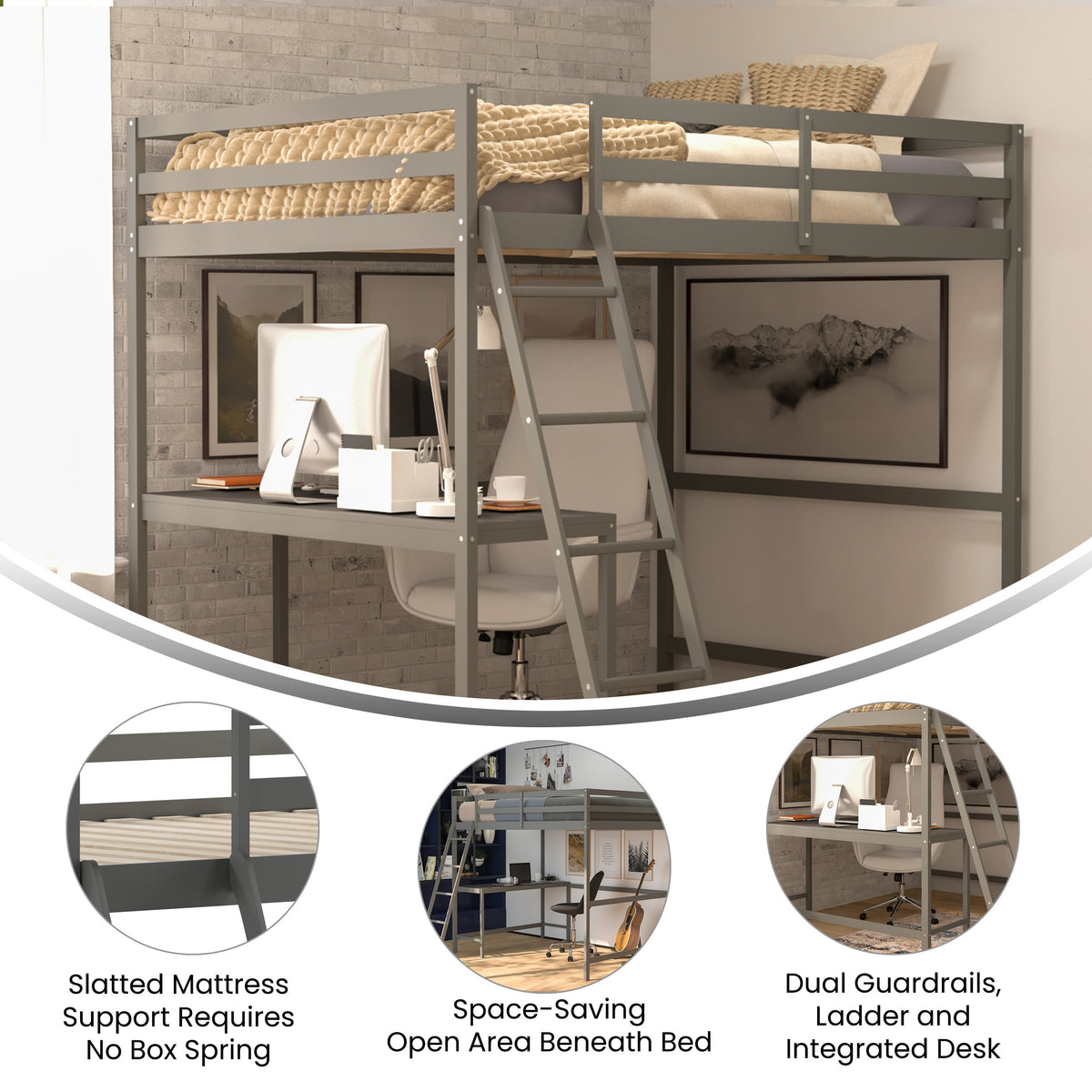 Riley Loft Bed Frame with Desk, Wooden Bed Frame with Protective Guard Rails & Ladder for Kids and Teens
