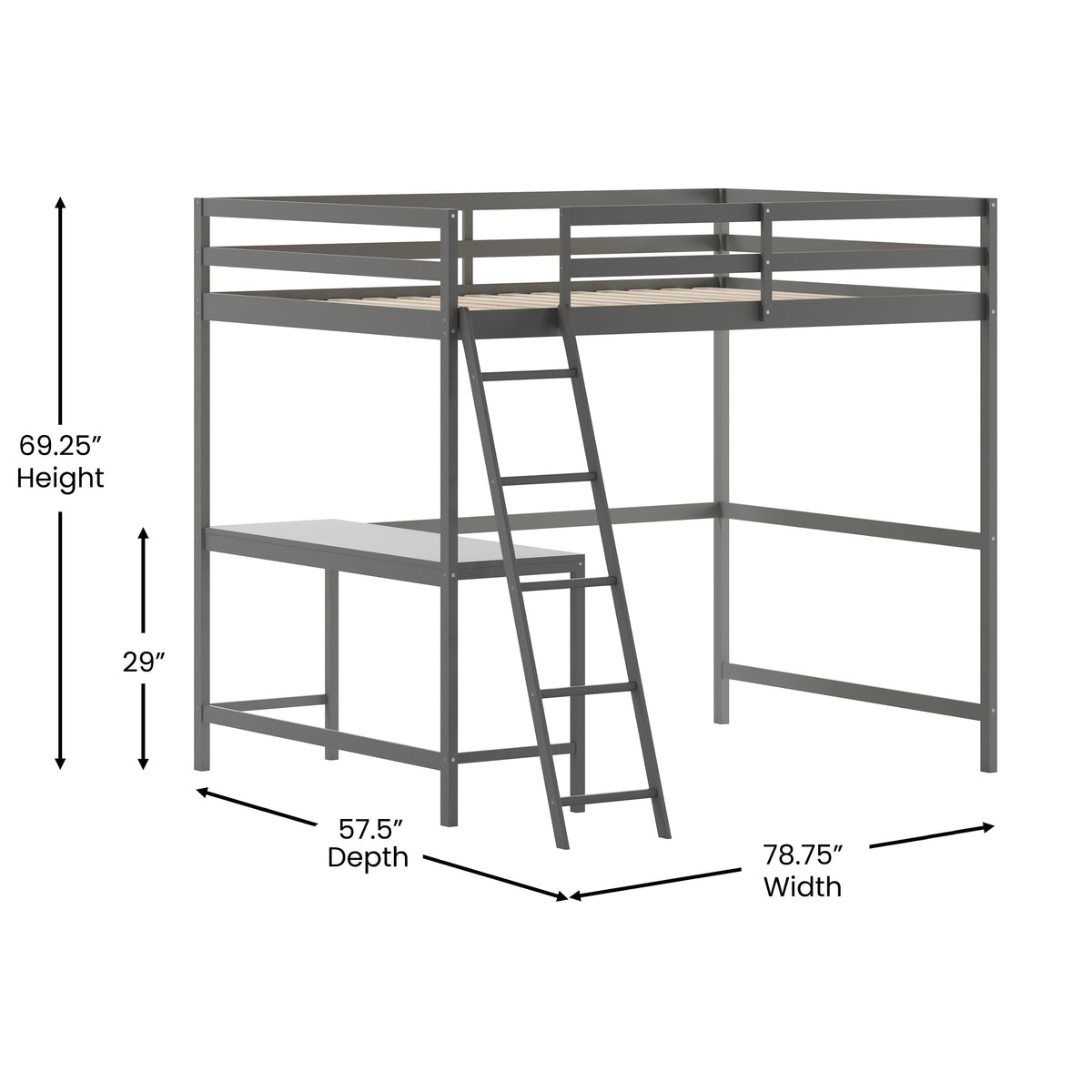 Riley Loft Bed Frame with Desk, Wooden Bed Frame with Protective Guard Rails & Ladder for Kids and Teens