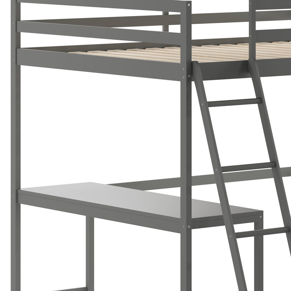 Riley Loft Bed Frame with Desk, Wooden Bed Frame with Protective Guard Rails & Ladder for Kids and Teens