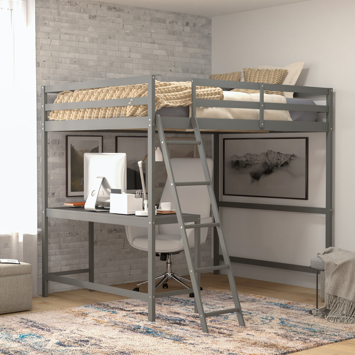 Riley Loft Bed Frame with Desk, Wooden Bed Frame with Protective Guard Rails & Ladder for Kids and Teens