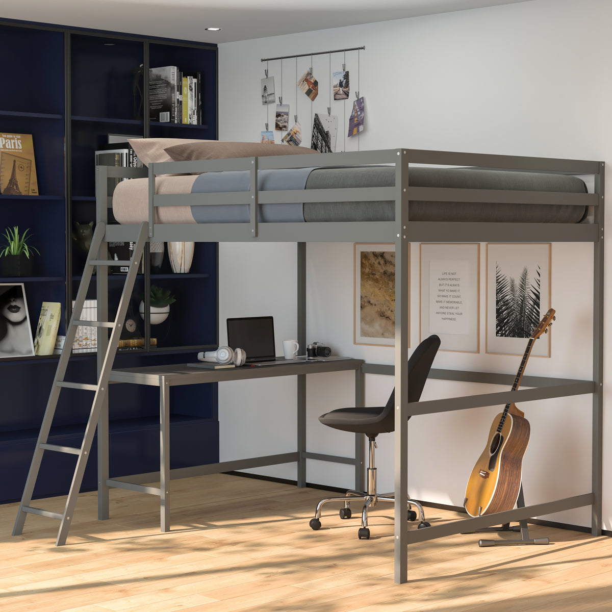 Riley Loft Bed Frame with Desk, Wooden Bed Frame with Protective Guard Rails & Ladder for Kids and Teens