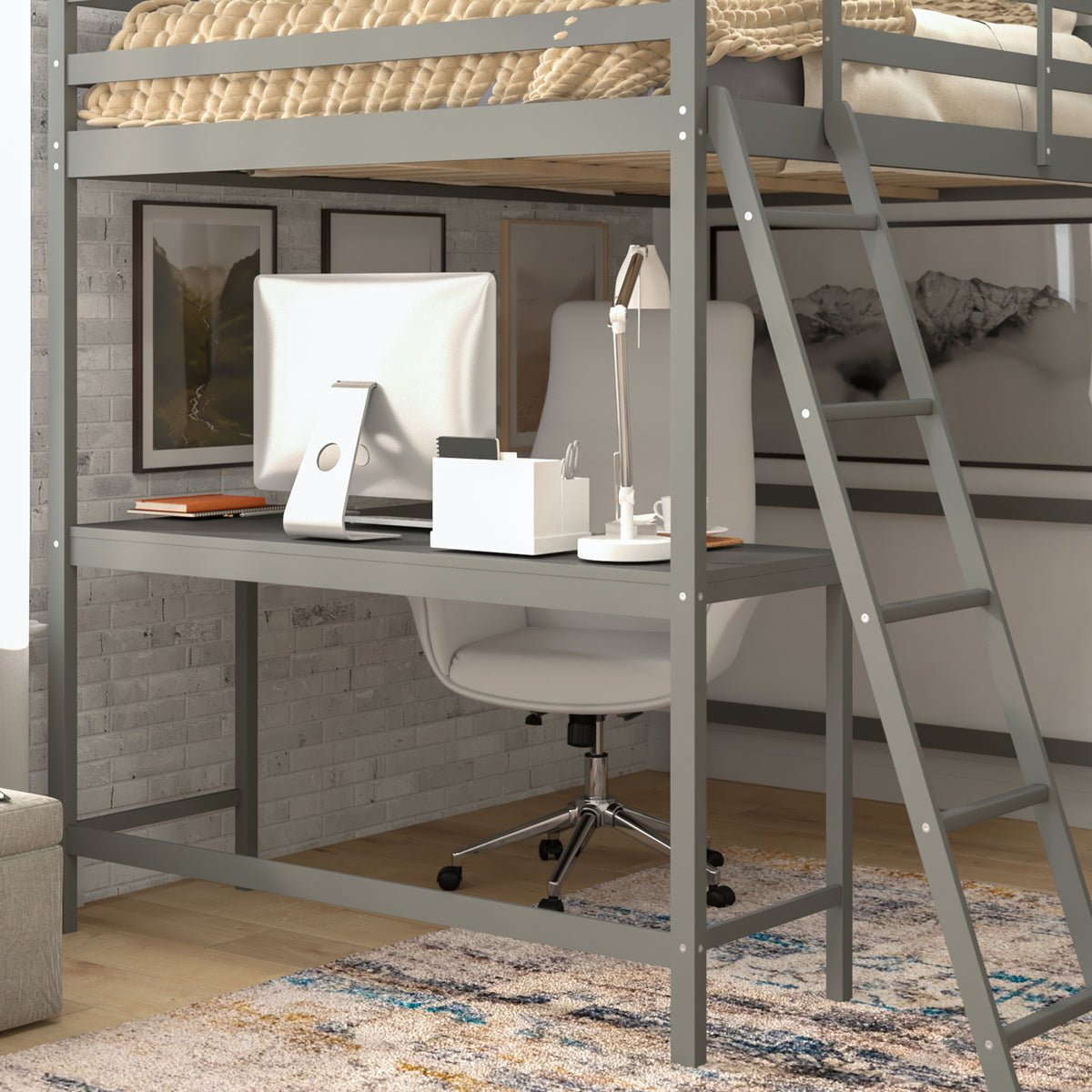 Riley Loft Bed Frame with Desk, Wooden Bed Frame with Protective Guard Rails & Ladder for Kids and Teens