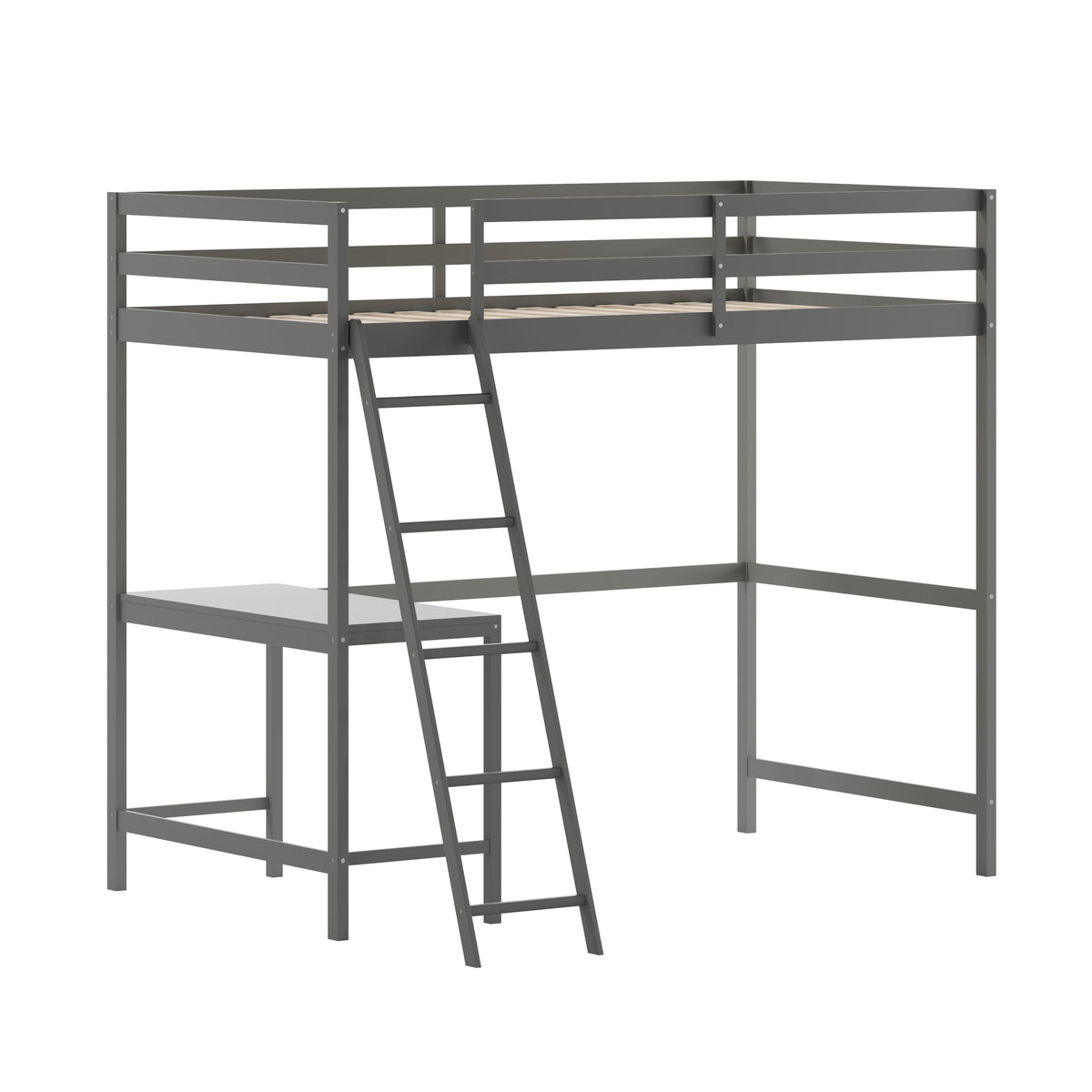 Riley Loft Bed Frame with Desk, Wooden Bed Frame with Protective Guard Rails & Ladder for Kids and Teens