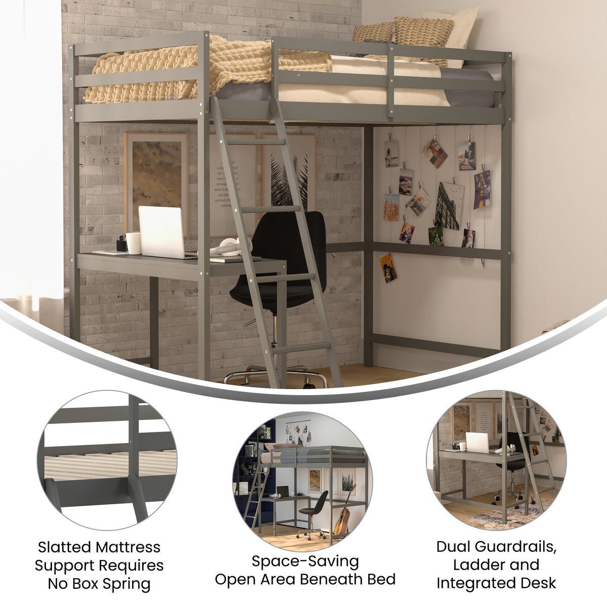 Riley Loft Bed Frame with Desk, Wooden Bed Frame with Protective Guard Rails & Ladder for Kids and Teens
