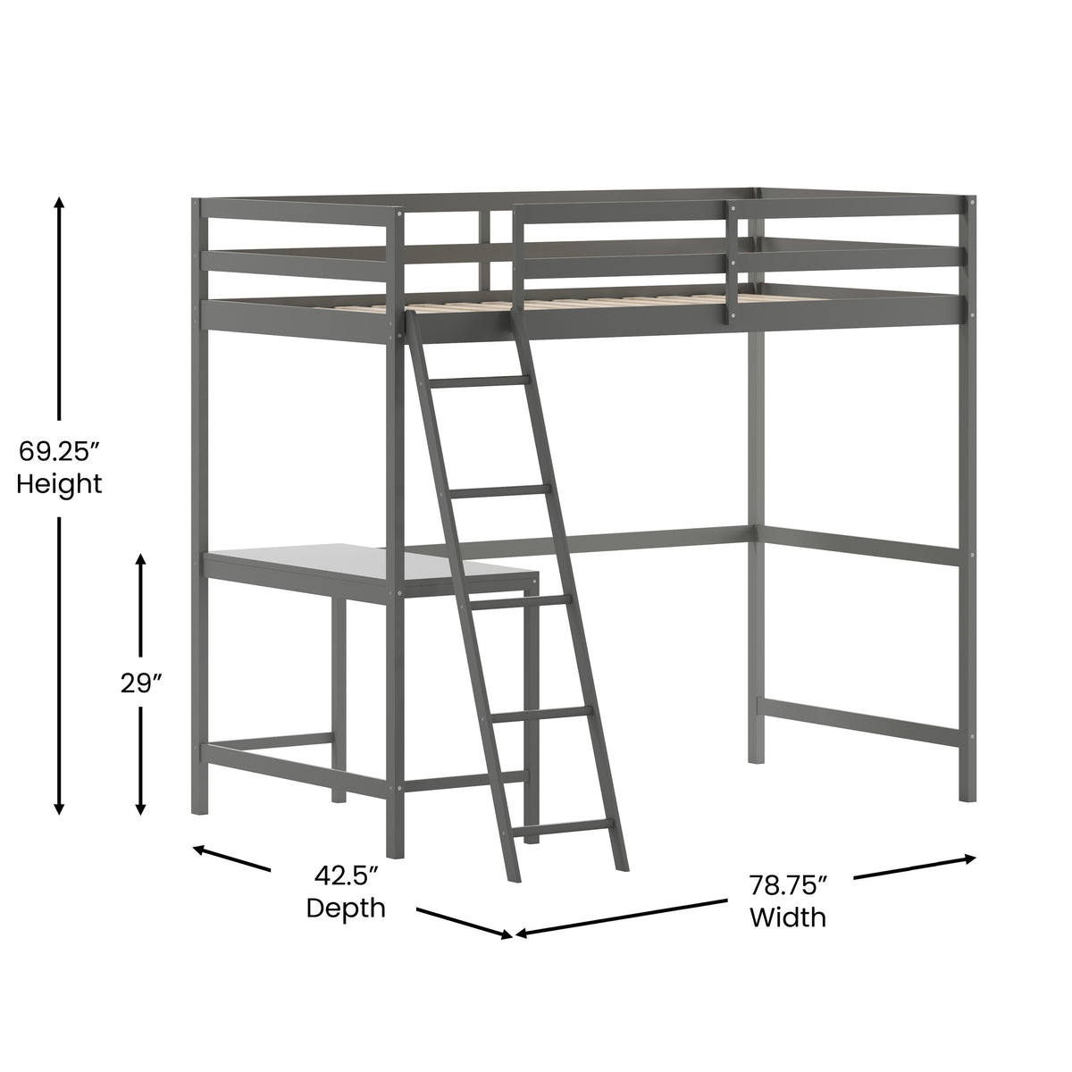 Riley Loft Bed Frame with Desk, Wooden Bed Frame with Protective Guard Rails & Ladder for Kids and Teens