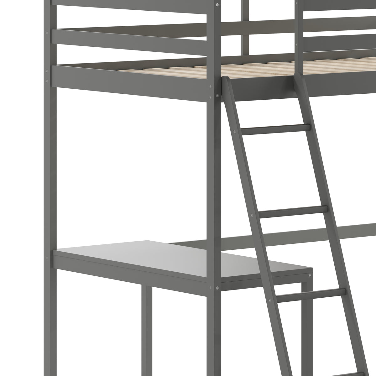 Riley Loft Bed Frame with Desk, Wooden Bed Frame with Protective Guard Rails & Ladder for Kids and Teens