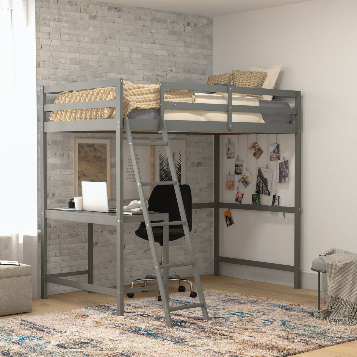 Riley Loft Bed Frame with Desk, Wooden Bed Frame with Protective Guard Rails & Ladder for Kids and Teens