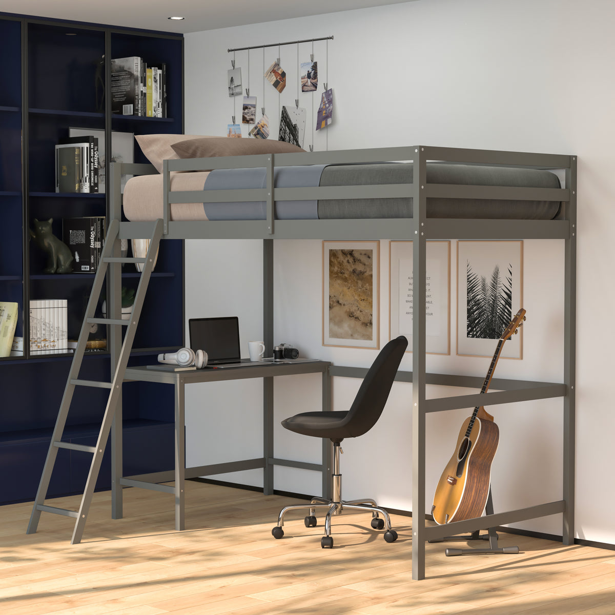 Riley Loft Bed Frame with Desk, Wooden Bed Frame with Protective Guard Rails & Ladder for Kids and Teens