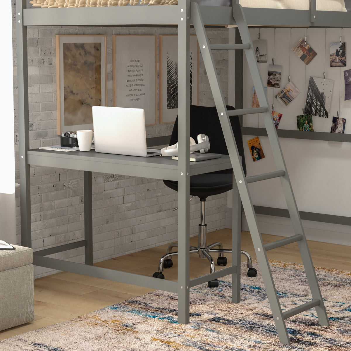 Riley Loft Bed Frame with Desk, Wooden Bed Frame with Protective Guard Rails & Ladder for Kids and Teens