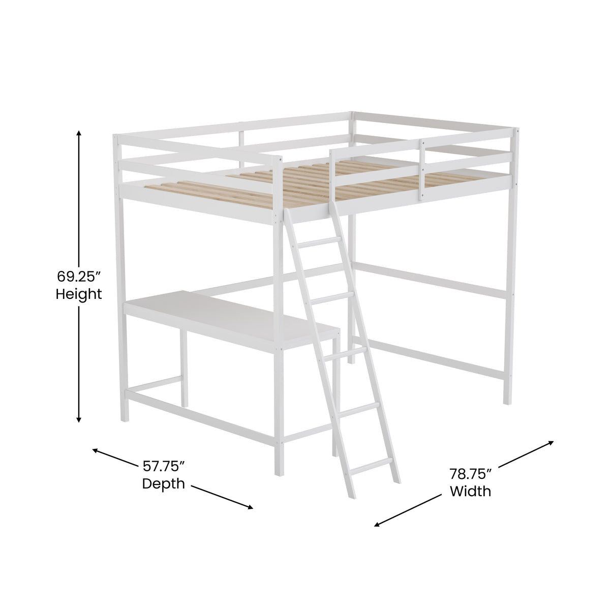 Riley Loft Bed Frame with Desk, Wooden Bed Frame with Protective Guard Rails & Ladder for Kids and Teens
