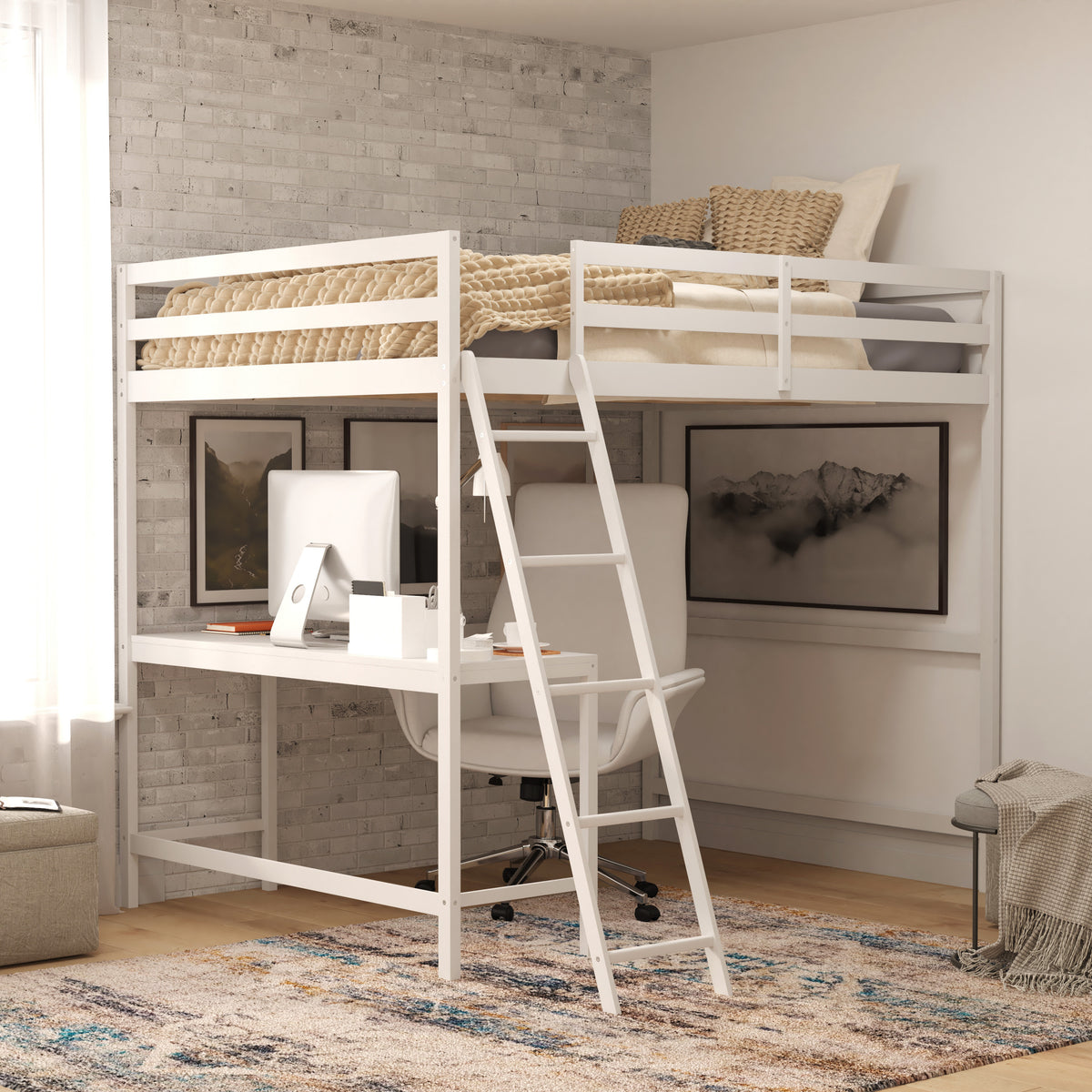 Riley Loft Bed Frame with Desk, Wooden Bed Frame with Protective Guard Rails & Ladder for Kids and Teens