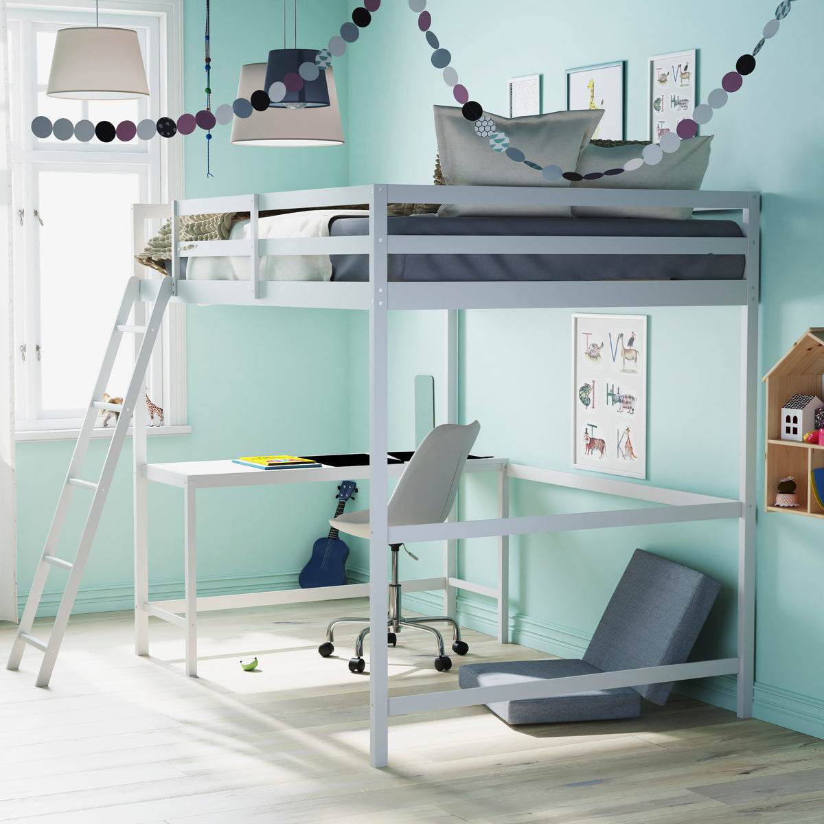Riley Loft Bed Frame with Desk, Wooden Bed Frame with Protective Guard Rails & Ladder for Kids and Teens