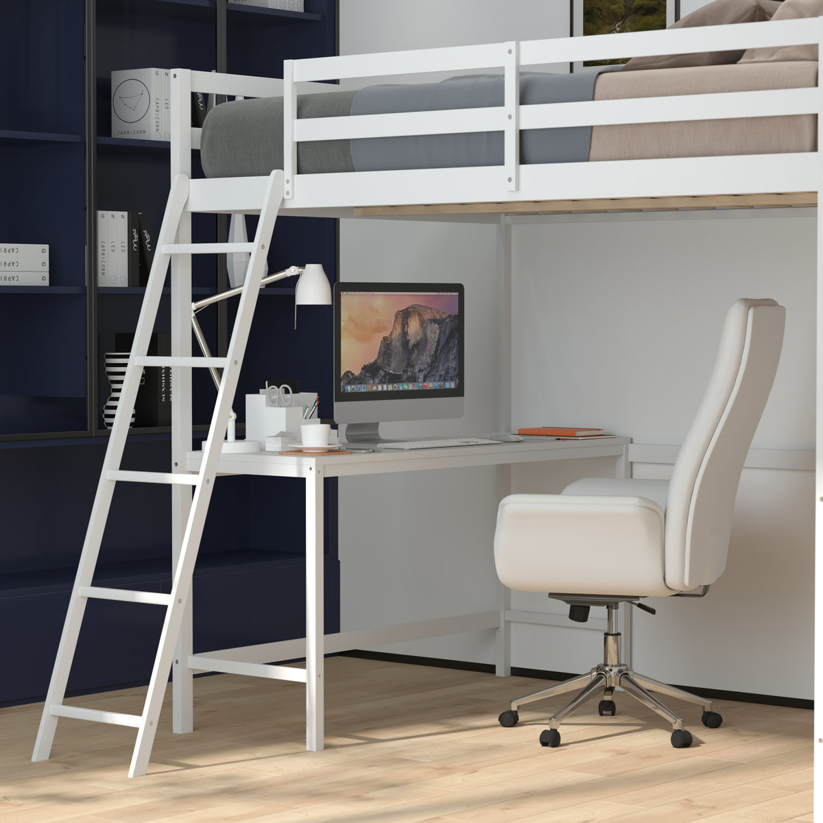 Riley Loft Bed Frame with Desk, Wooden Bed Frame with Protective Guard Rails & Ladder for Kids and Teens