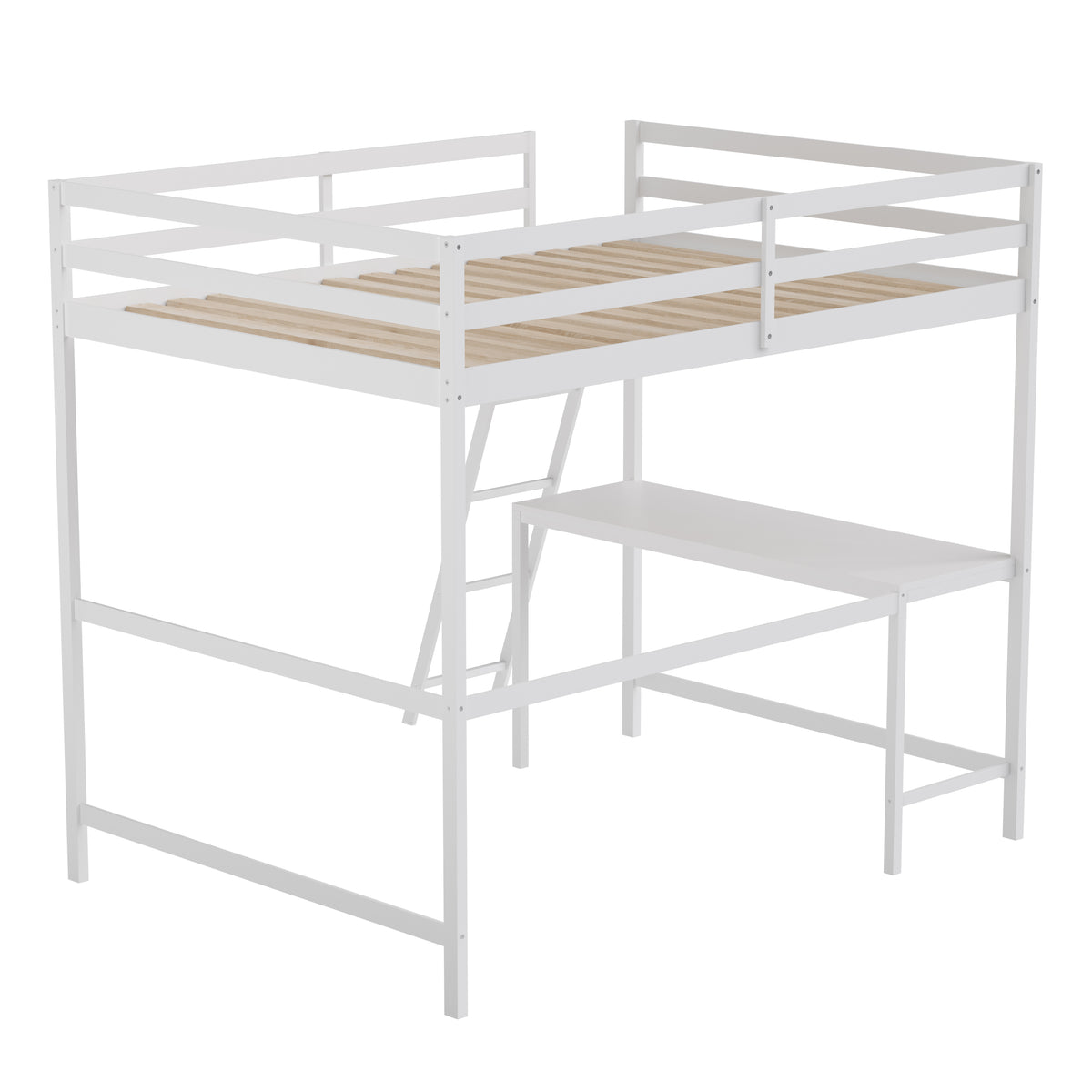 Riley Loft Bed Frame with Desk, Wooden Bed Frame with Protective Guard Rails & Ladder for Kids and Teens