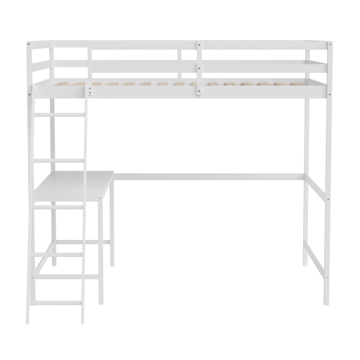 Riley Loft Bed Frame with Desk, Wooden Bed Frame with Protective Guard Rails & Ladder for Kids and Teens
