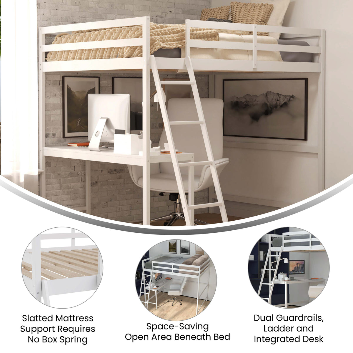 Riley Loft Bed Frame with Desk, Wooden Bed Frame with Protective Guard Rails & Ladder for Kids and Teens