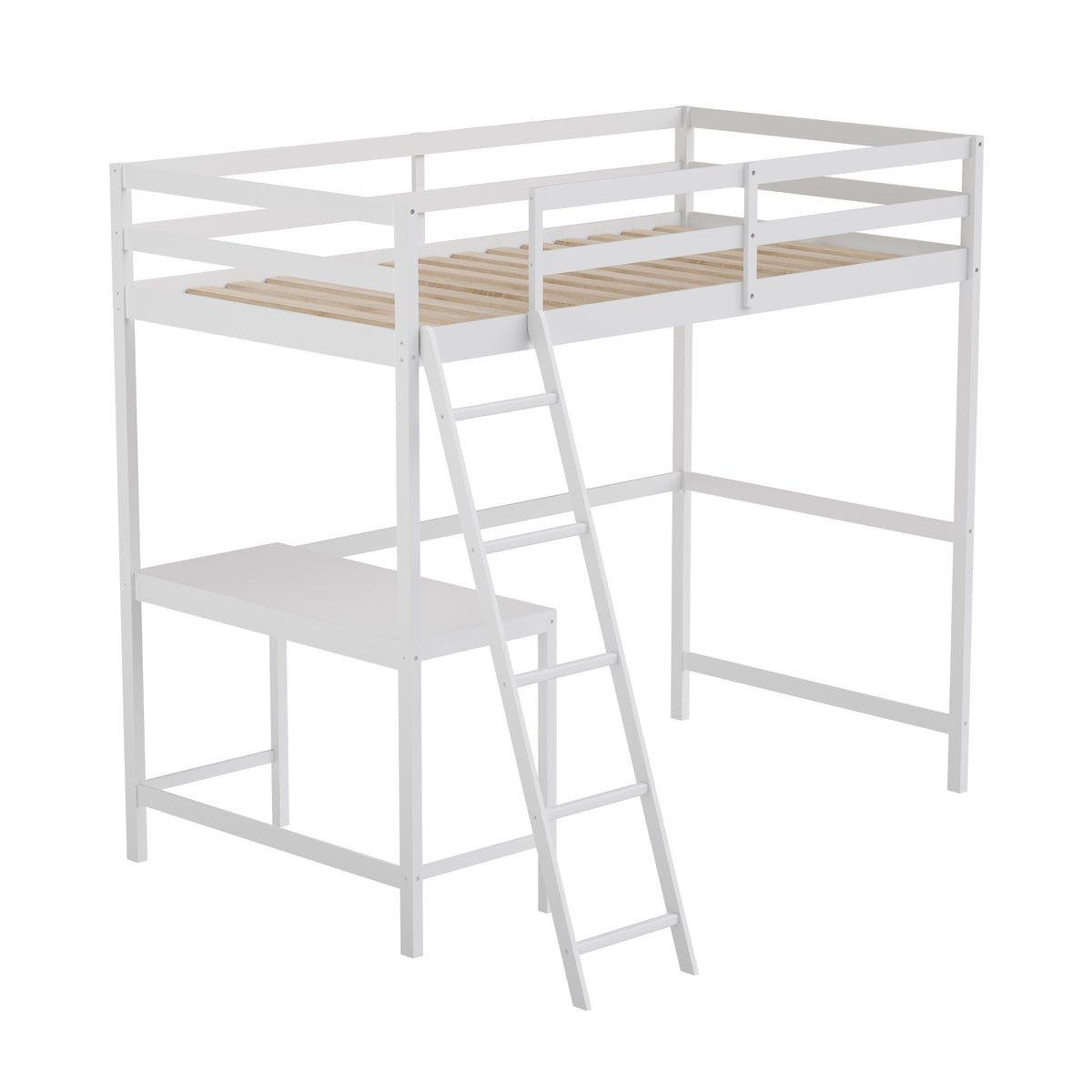 Riley Loft Bed Frame with Desk, Wooden Bed Frame with Protective Guard Rails & Ladder for Kids and Teens