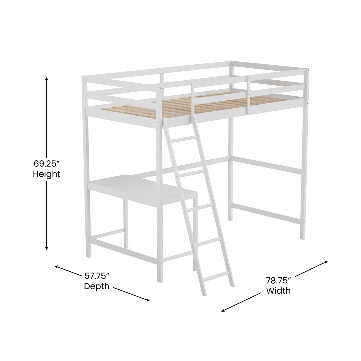 Riley Loft Bed Frame with Desk, Wooden Bed Frame with Protective Guard Rails & Ladder for Kids and Teens