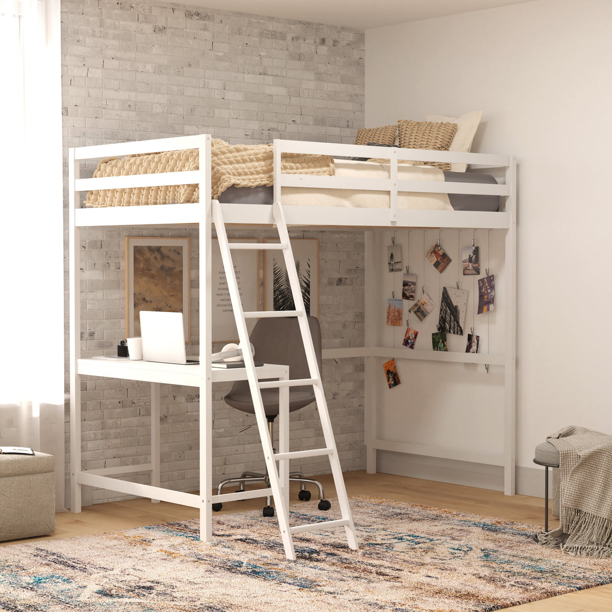 Riley Loft Bed Frame with Desk, Wooden Bed Frame with Protective Guard Rails & Ladder for Kids and Teens