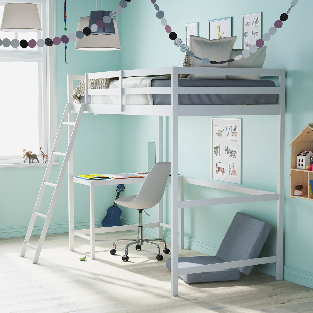 Riley Loft Bed Frame with Desk, Wooden Bed Frame with Protective Guard Rails & Ladder for Kids and Teens