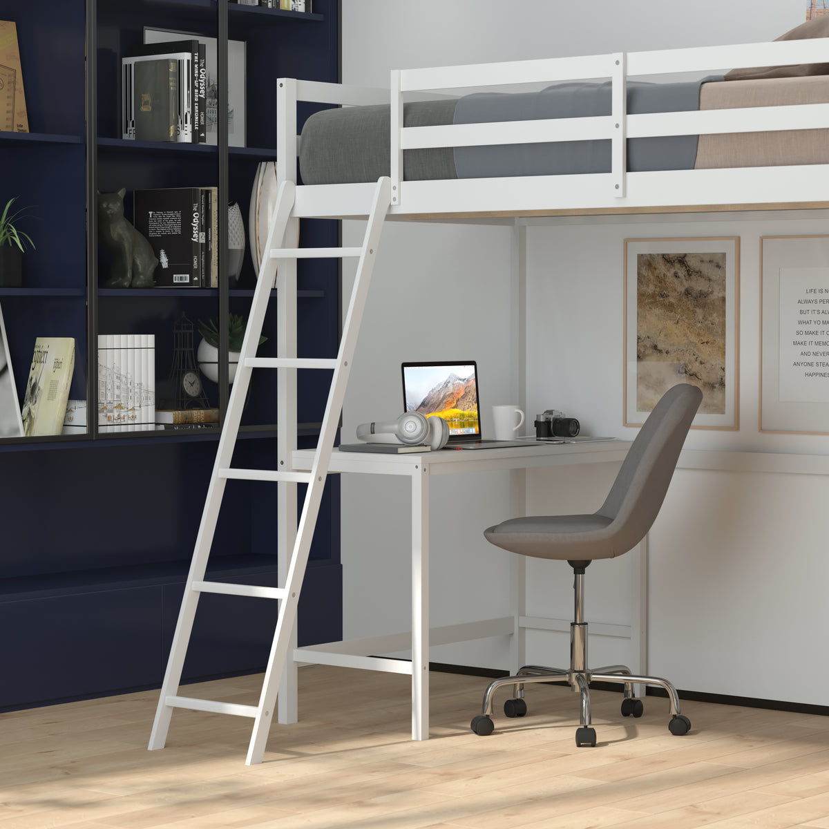 Riley Loft Bed Frame with Desk, Wooden Bed Frame with Protective Guard Rails & Ladder for Kids and Teens