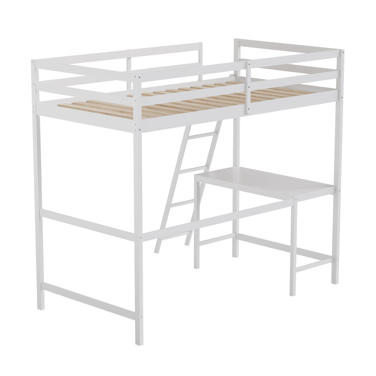 Riley Loft Bed Frame with Desk, Wooden Bed Frame with Protective Guard Rails & Ladder for Kids and Teens