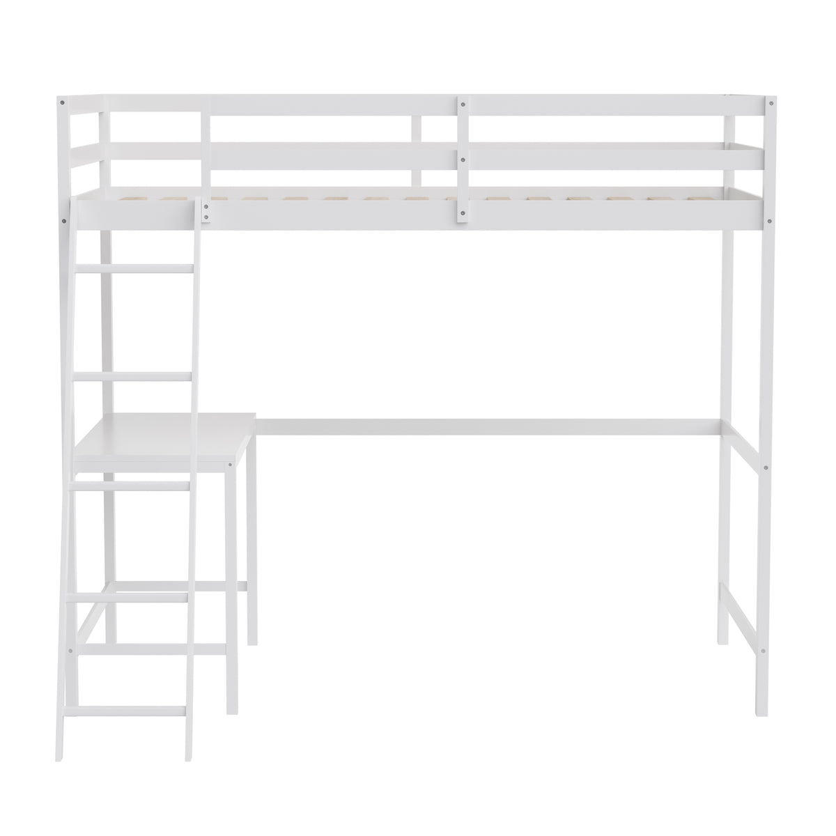 Riley Loft Bed Frame with Desk, Wooden Bed Frame with Protective Guard Rails & Ladder for Kids and Teens